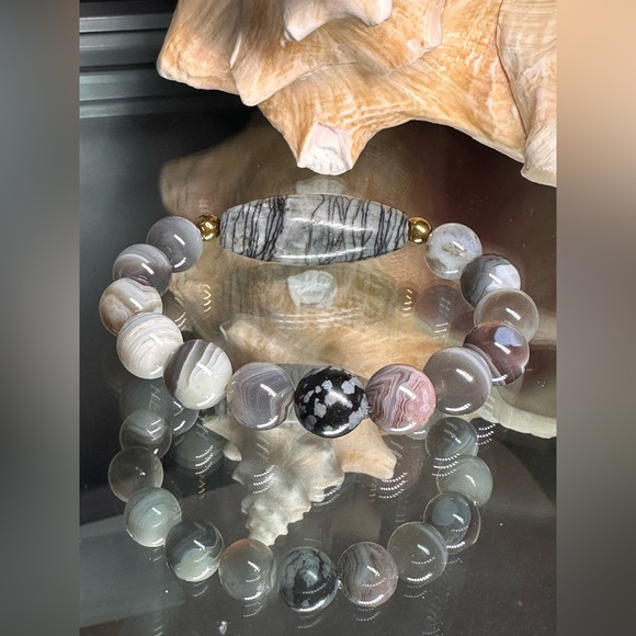 AGATE BANDED + NET JASPER NATURAL STONES BRACELET Size 7” - Picture 6 of 10